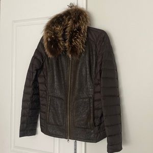 Brown jacket with nylon back and sleeves, leather and shearling lined in front.